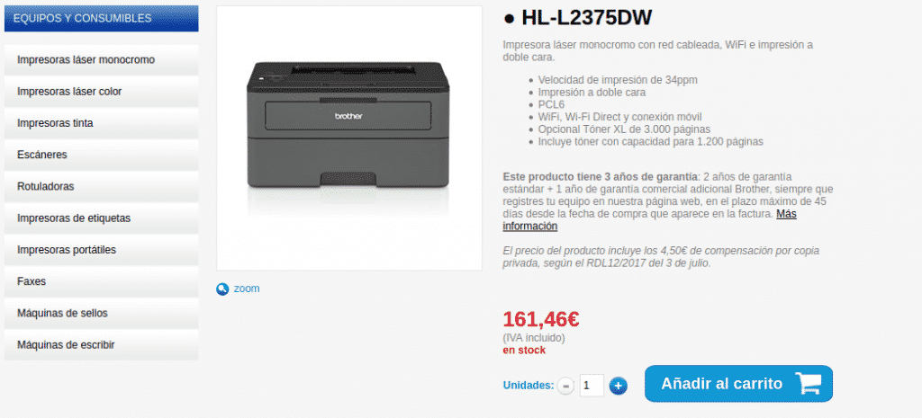Precio impresora Láser Monocromo HL-L2375DW