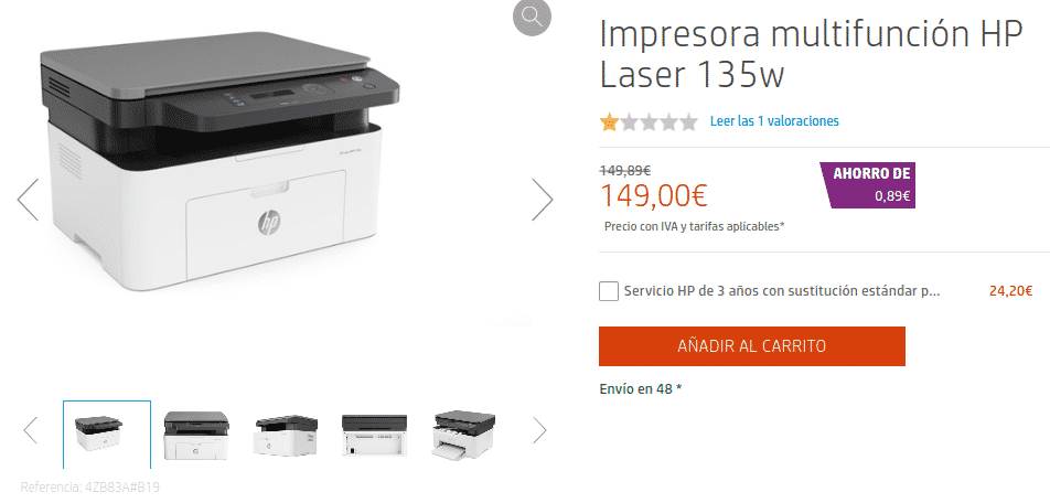 Precio Impresora multifunción HP Laser 135w
