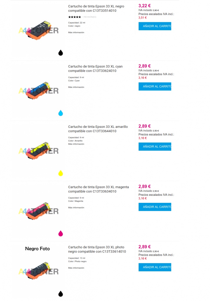 Tinta Epson 33 y Epson 33XL compatibles