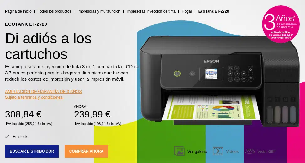 Impresora multifunción  Epson EcoTank ET-2814, Con depósito recargable,  Hasta 3 años de tinta incluida, Conexión Wi-Fi, 5 años garantía, Negro