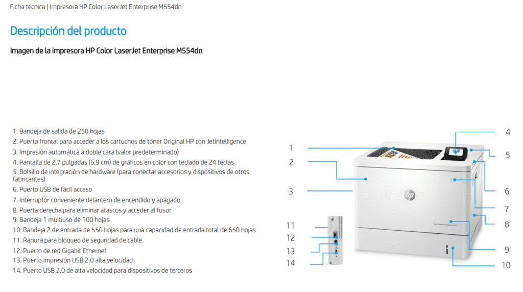 Características de la impresora HP Color LaserJet Enterprise M554dn