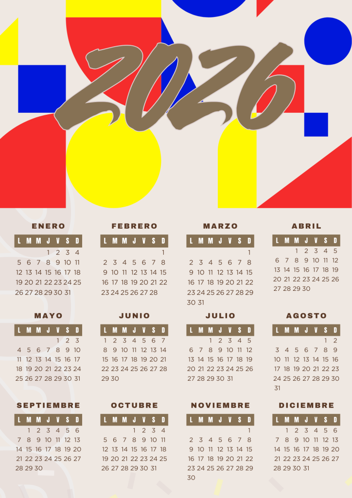 Calendarios: Descarga, Imprime y Organiza 5 Copia de Copia de Documento A4 Calendario 2026 Anual Multicolor