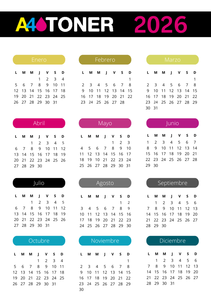 Calendarios: Descarga, Imprime y Organiza 4 Documento A4 Calendario 2026 Anual Simple Multicolor 1